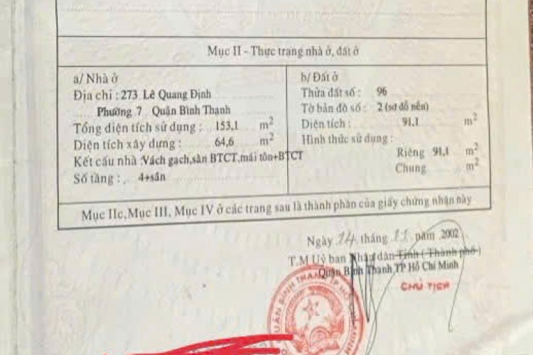 Bán nhà 273 Lê Quang Định - DT 3,4x29m - 5 tấm - Giá 19 tỷ!