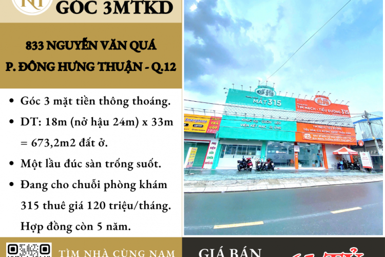 GÓC 3MTKD 833 NGUYỄN VĂN QUÁ - DT 20x33M - HAI TẦNG - HĐT 1.4 TỶ/NĂM - GIÁ 65 TỶ!